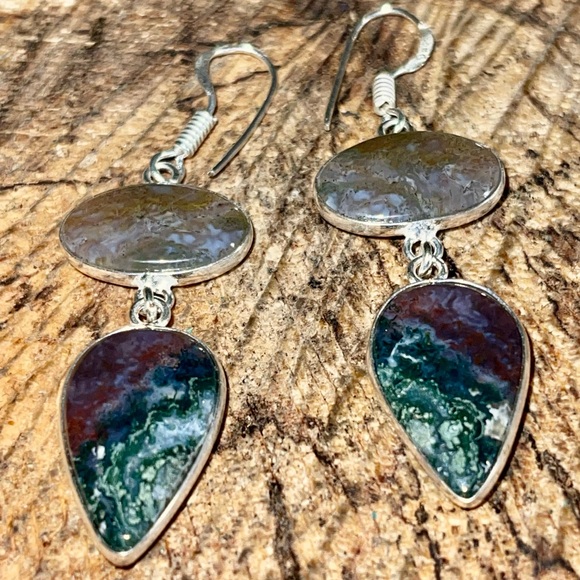 Mocha Stone Green Moss Agate Earrings 2” - Picture 1 of 5